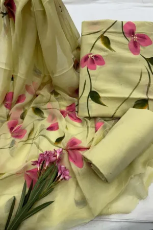 Three Piece  Painting Suit Material with Chiffon Dupatta