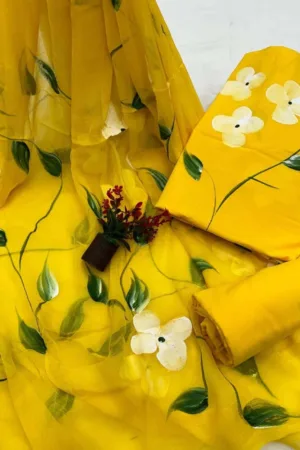 Three Piece Painting Suit Material with Chiffon Dupatta