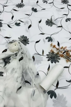 Three Piece  Painting Suit Material with Chiffon Dupatta White