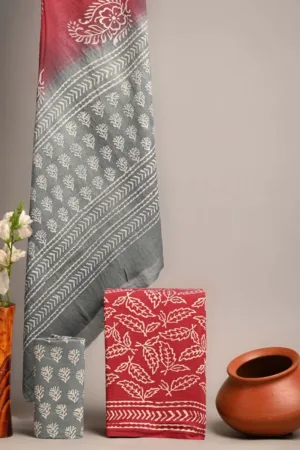 Three Piece Suit Material with Cotton Dupatta Grey Pink