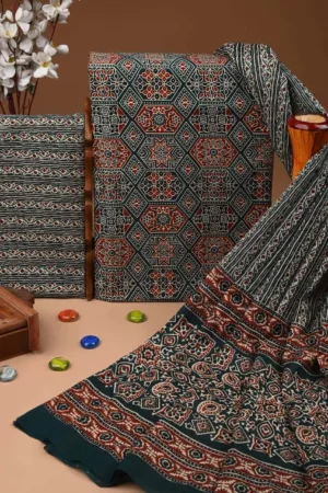 Three Piece Suit Material with Cotton Dupatta Ajrak Print Bottle Green
