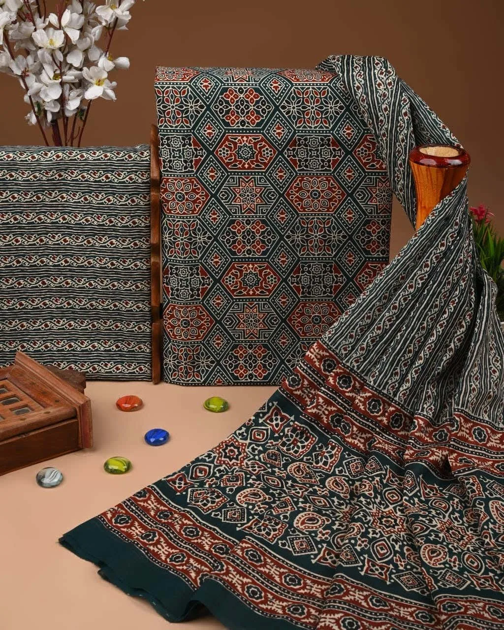 Three Piece Suit Material with Cotton Dupatta Ajrak Print Bottle Green