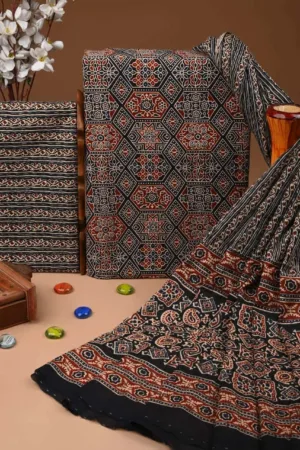 Three Piece Suit Material with Cotton Dupatta Ajrak Print