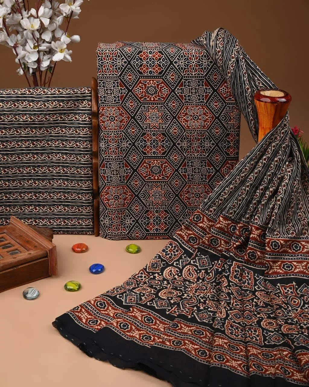 Three Piece Suit Material with Cotton Dupatta Ajrak Print