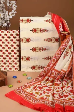 Three Piece Suit Material with Cotton Dupatta Cream Red