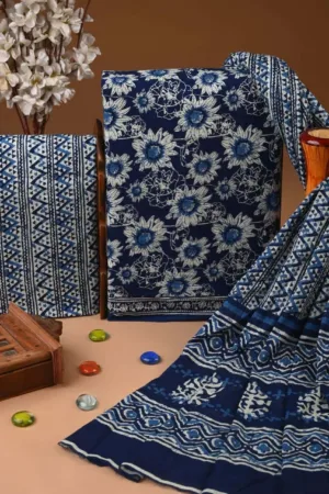 Three Piece Suit Material with Cotton Dupatta Blue