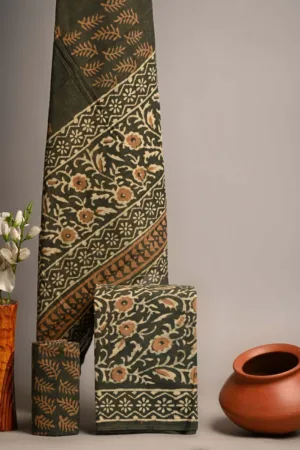 Three Piece Suit Material with Cotton Dupatta Bottle Green