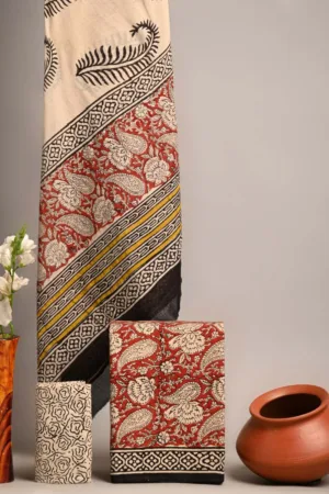 Three Piece Suit Material with Cotton Dupatta Maroon Cream