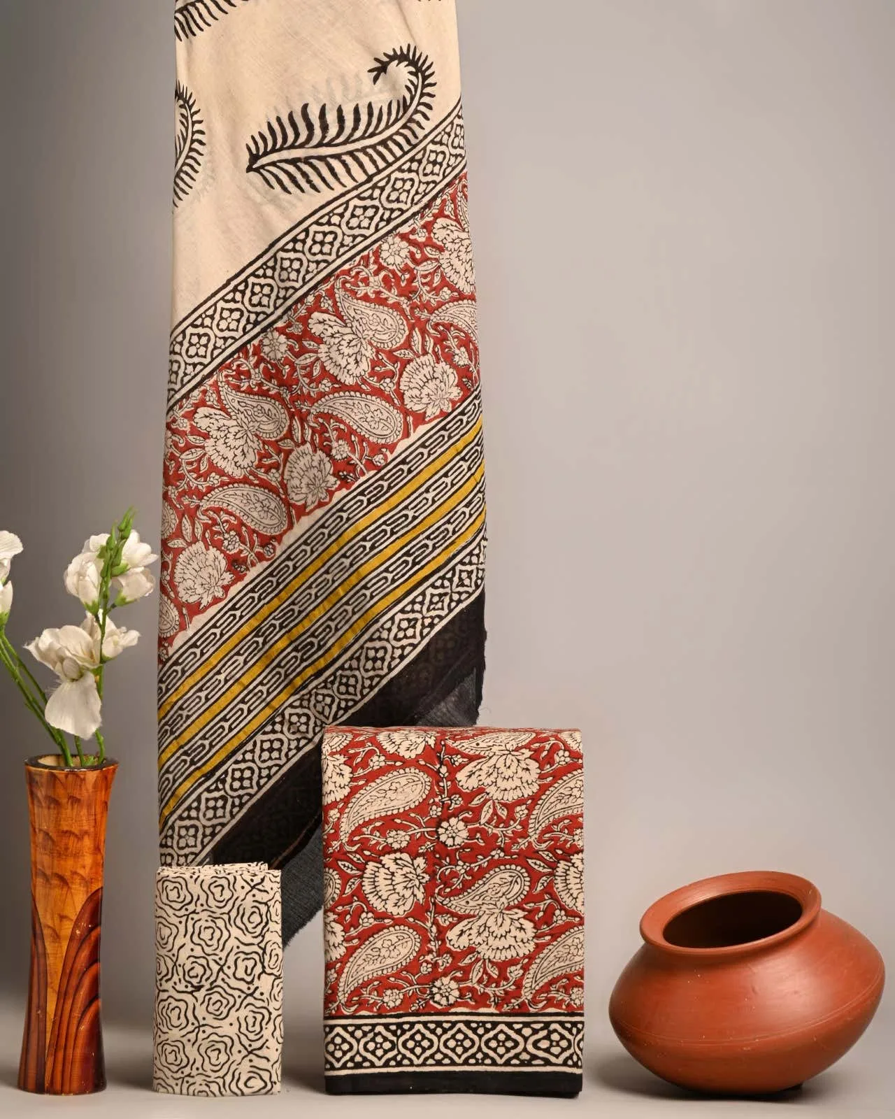 Three Piece Suit Material with Cotton Dupatta Maroon Cream