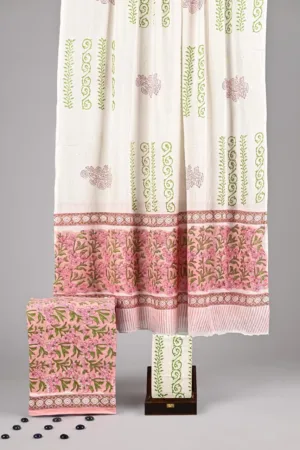 Three Piece Suit Material with Cotton Dupatta Pink White