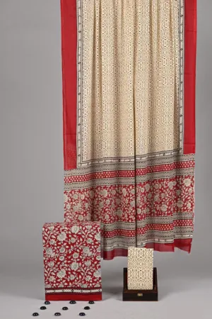 Three Piece Suit Material with Cotton Dupatta Red Cream
