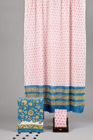 Three Piece Suit Material with Cotton Dupatta Pink Blue