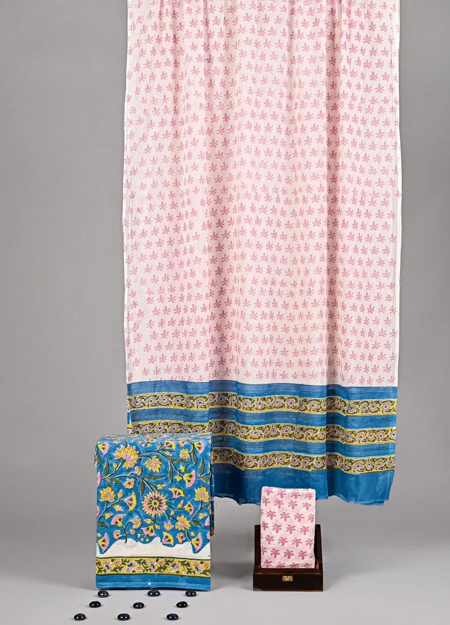 Three Piece Suit Material with Cotton Dupatta Pink Blue