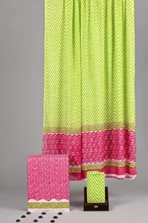 Three Piece Suit Material with Cotton Dupatta Pink Green