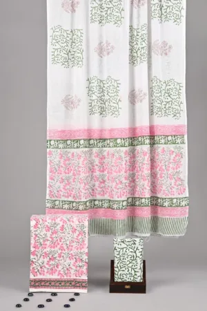 Three Piece Suit Material with Cotton Dupatta Pink White