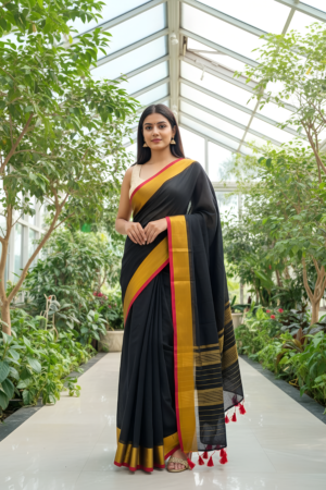 Black Mul Cotton Saree with Beautiful Golden Border