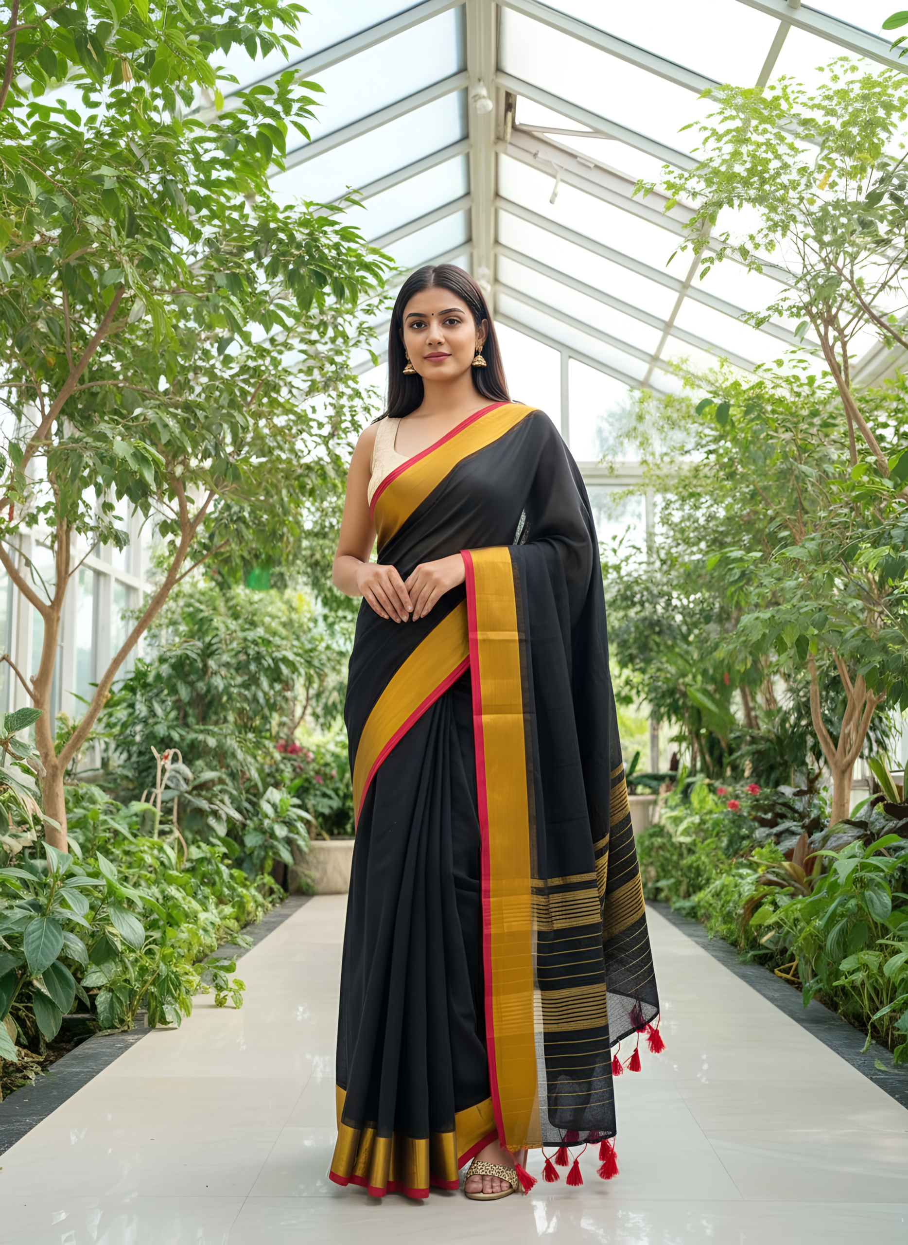 Black Mul Cotton Saree with Beautiful Golden Border