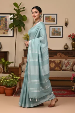 Plain Linen Saree with Printed  Blouse Pastel Aaqua Blue