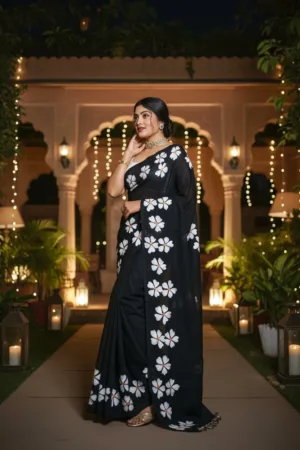 Khadi saree with painting flower Black