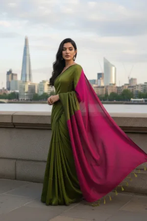 Khadi Saree With Contract Pallu Mehndi