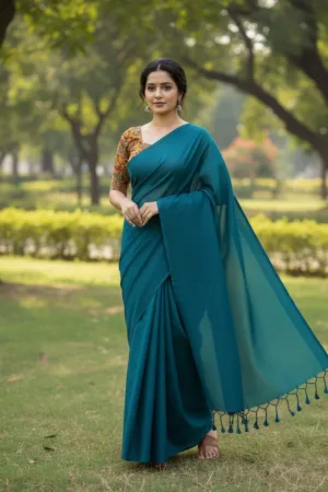 Pure Khadi cotton Saree with printed blouse Teal Green