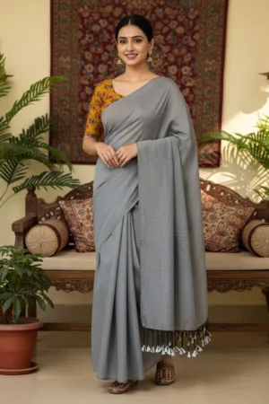 Pure Khadi cotton Saree with printed blouse Gray