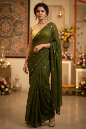 Mul Cotton Premium Saree with Golden 'Ginni' Work Green
