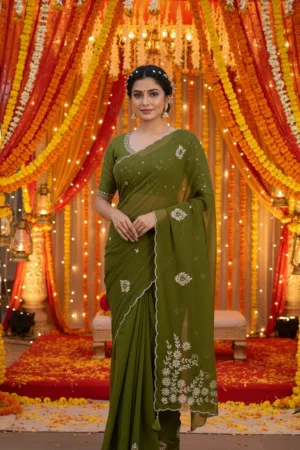 Gota patti  work on pallu premium saree Mehndi