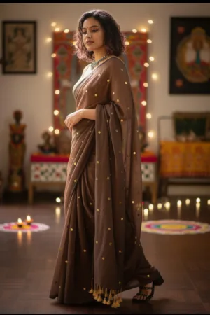 Mul Cotton Premium Saree with Golden 'Ginni' Work Brown