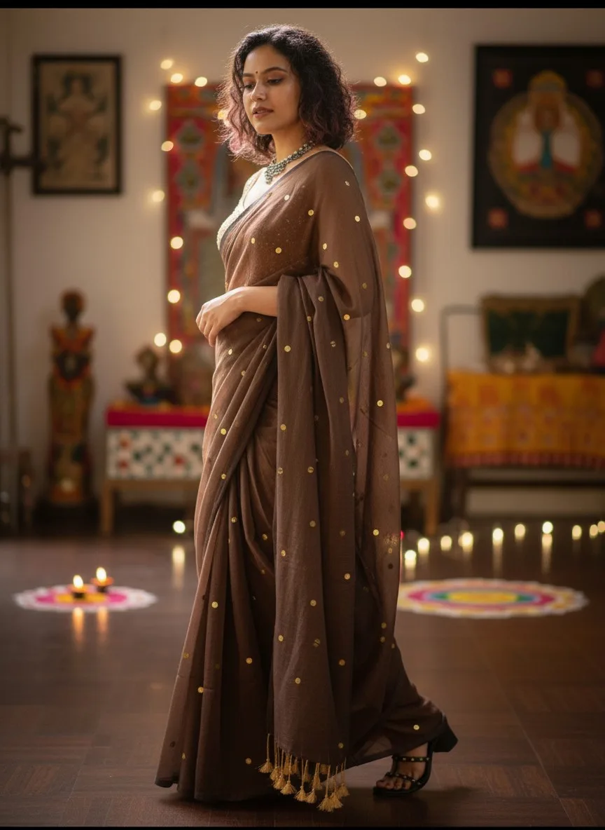 Mul Cotton Premium Saree with Golden 'Ginni' Work Brown