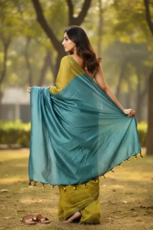 Khadi Saree With Contrast Pallu Yellow Blue