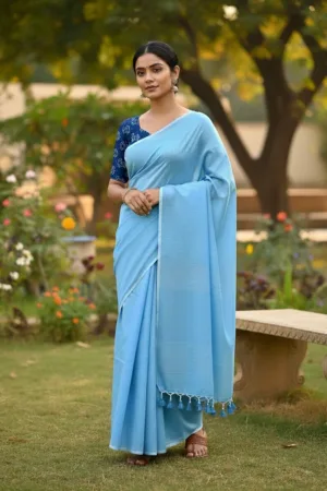 Pure Khadi cotton Saree with printed blouse Light Blue