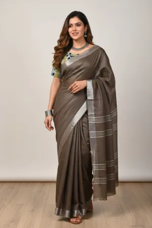 Plain Linen Saree with Printed Blouse Brown