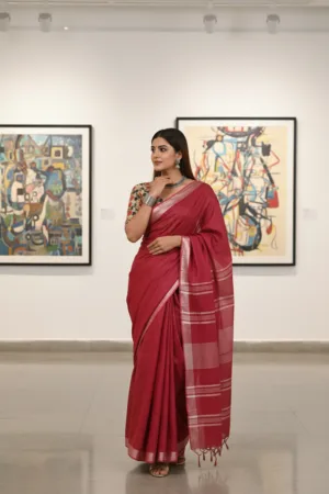 Plain Linen Saree with Printed Blouse Dark Pink