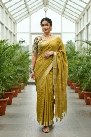Plain Linen Saree with Printed Blouse Mehndi Green