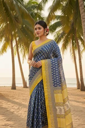 Premiunm Maheshwari Silk Handloon Saree Blue with Yellow Border