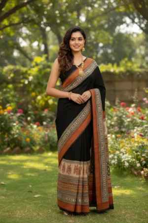 Premiunm Maheshwari Silk Handloon Saree Black
