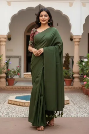 Pure Khadi cotton Saree with printed blouse Green