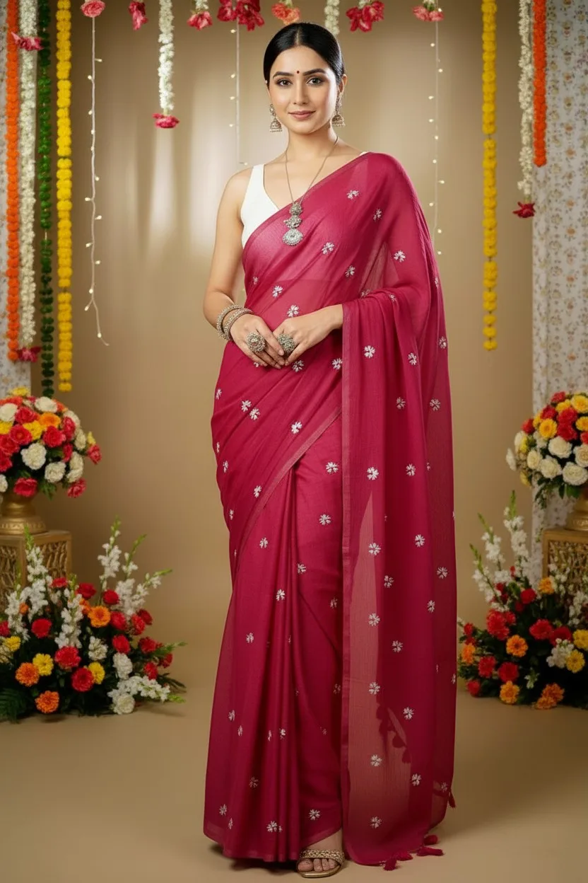 Premium Pure Mulmul Cotton Saree with Embroidery Work Rani Pink