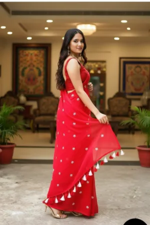Premium Red Mul Mul Cotton Saree with Delicate Floral Embroidery