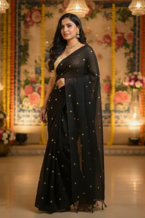 Mul Cotton Premium Saree with Golden 'Ginni' Work Black