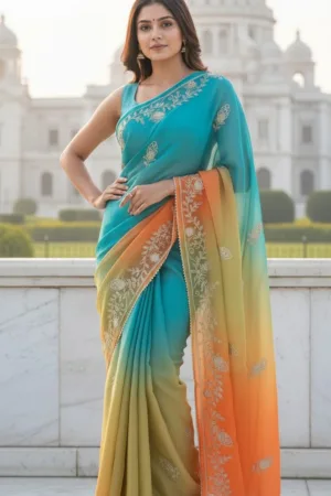 Festive Grace Multi Aqua Blue Sareee