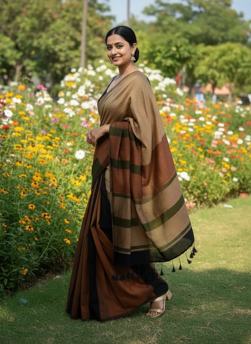 Khadi Saree Multi Color Brown
