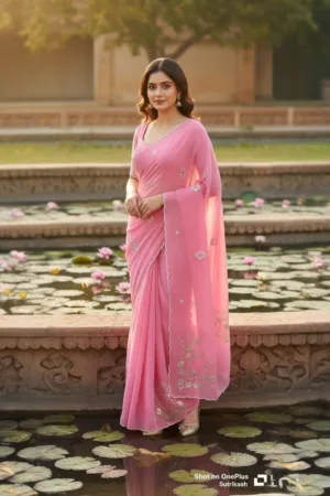 Gota patti  work on pallu premium saree Pink