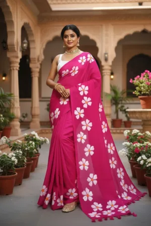 Khadi saree with painting flower Pink