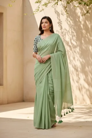Pure Khadi cotton Saree with printed blouse Pista
