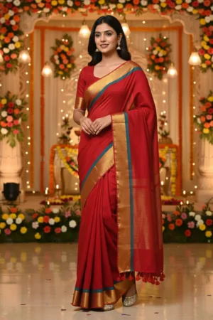 Mul Cotton Red Saree with Golden Pallu