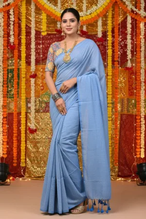 Pure Khadi cotton Saree with printed blouse Sky Blue