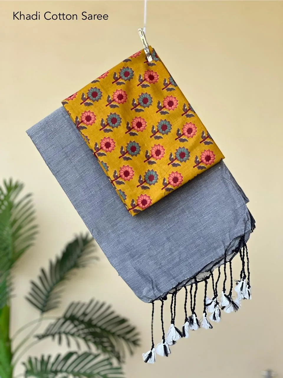 Pure Khadi cotton Saree with printed blouse Gray - Image 2