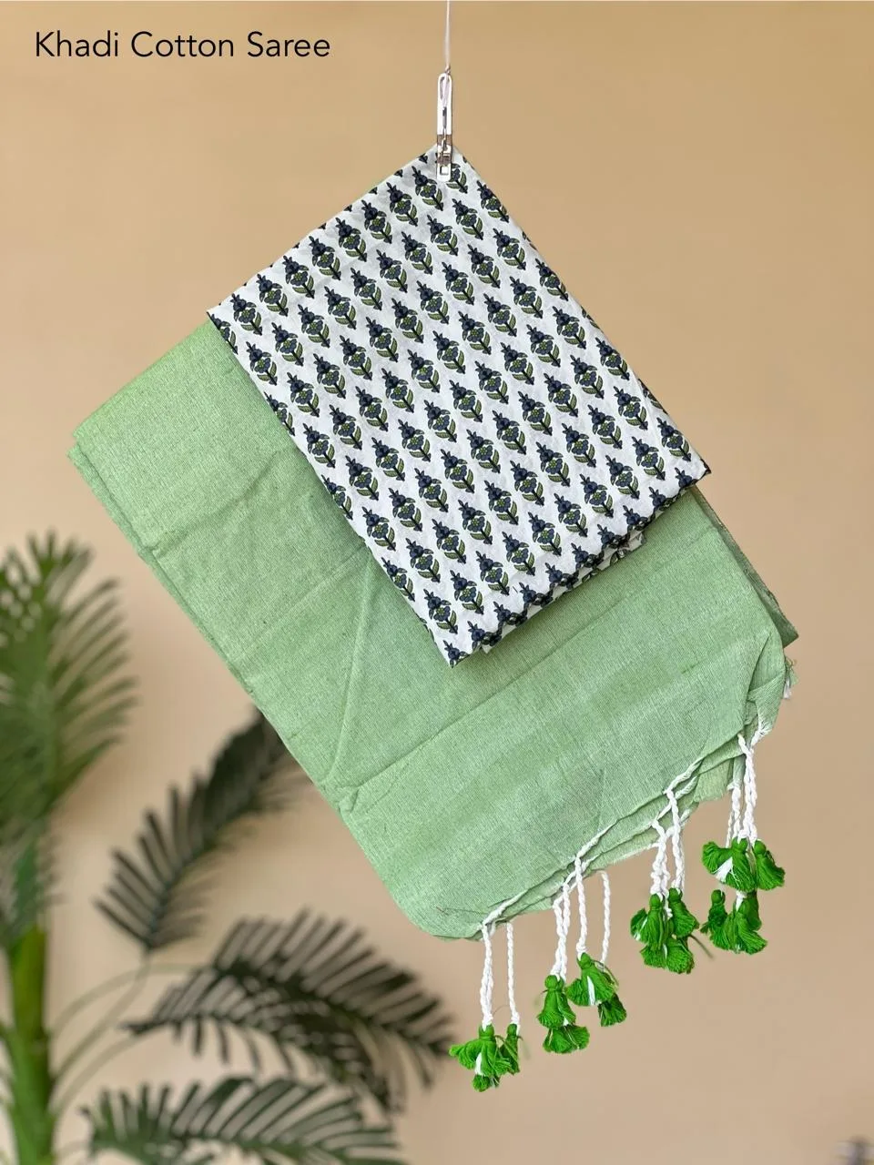 Pure Khadi cotton Saree with printed blouse Pista - Image 2